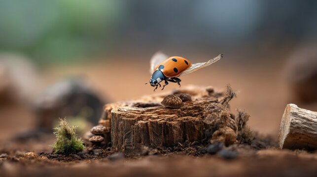 A ladybug takes flight from a weathered tree stump, wings spread, earthy background, shallow focus