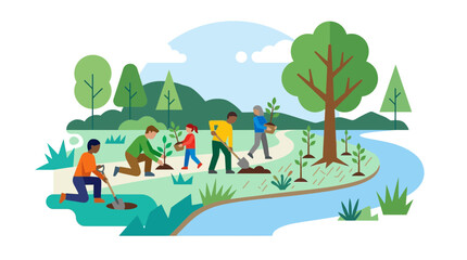 Diverse Community People Planting Trees and Gardening for Environment Flat Illustration