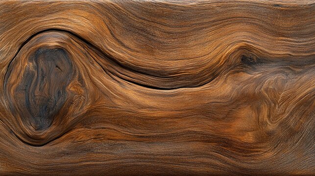 Rich brown wood texture with swirling grain patterns and knots.