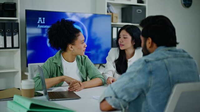 Group of creative Businesspeople brain storm meeting presentation,discussing roadmap to product launch, planning,strategy,dashboard,new business development,working with new startup project in office