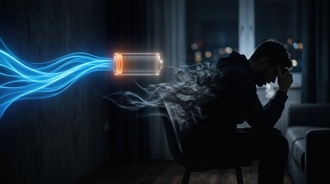 Burned out man silhouette sitting stressed at home with low empty red battery and glowing blue energy light concept of exhaustion.