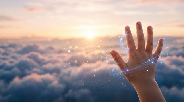 Child hand reaching towards cloud sky at sunset with glowing blue magic light rings for future hope and imagination concept.