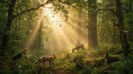 Naklejka premium Enchanted forest scene with a fox, deer, and squirrels in morning sunlight