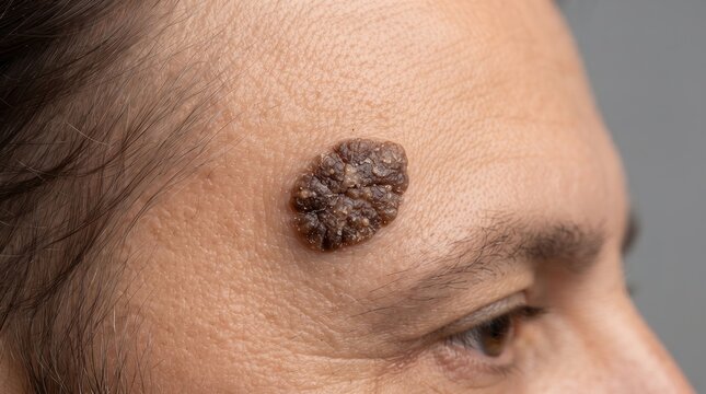 Macro view of seborrheic keratosis melanoma or raised mole on human skin
