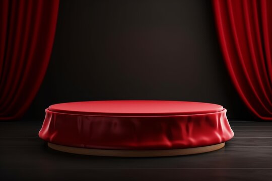 Red velvet covered podium creating a display stage with luxury theater curtains