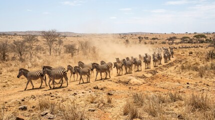 Naklejka premium Herd of zebras migrating across the dusty African savanna landscape