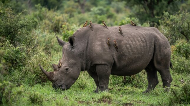 White rhinoceros grazing in lush green savanna with oxpecker birds perched on its back