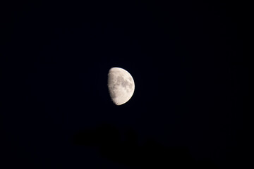 A crisp and detailed telephoto close-up of the first quarter moon, showcasing its craters and texture, isolated against the vast, pitch-black canvas of the night sky © AgioiDouloi