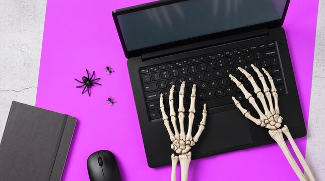 Halloween office vibe with skeleton hands typing on black laptop
