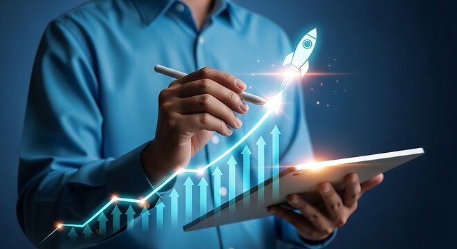 Business startup rocket launch concept, businessman drawing growth chart on digital tablet, financial success and progress