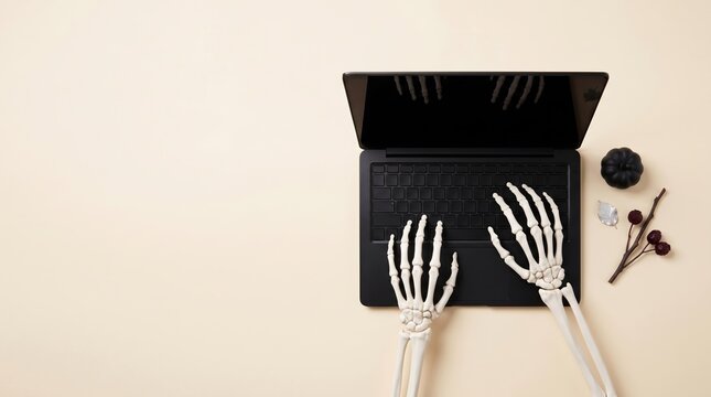 Halloween-themed skeleton hands typing on laptop