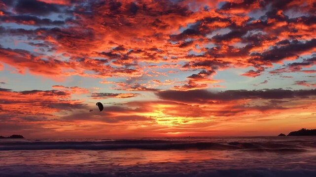 Dramatic Sunset at Oregon Coast with Kitesurfers Gliding Over Waves Under Fiery Sky