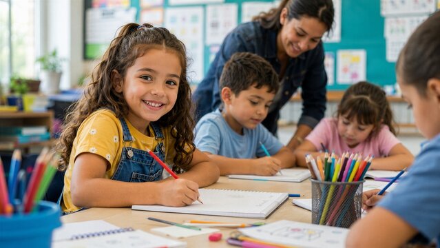 Group of diverse young children sit at a classroom table drawing and coloring while their teacher smiles and assists them with their creative art project.