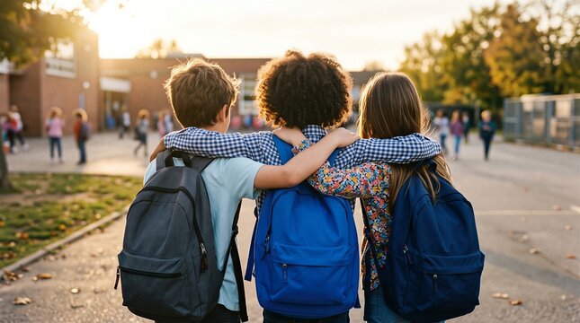 Group of three diverse children wearing backpacks embrace each other while standing in a sunny school playground at sunset.