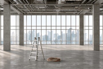 Fototapeta premium Empty industrial office interior with ladder cable exposed ceiling and panoramic city view