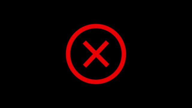 Neon line warning attention red color animation cross icon signal alert risk safety danger road warning sign symbol on black background ....