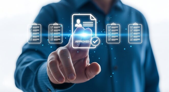 Digital document approval interface, businessman touching virtual approved icon, online certification and compliance management system