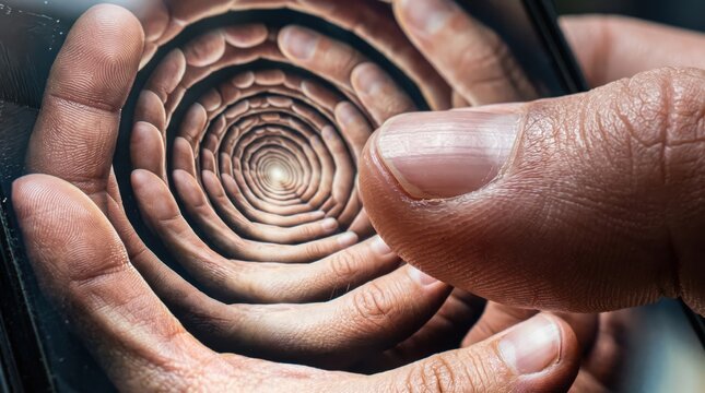 Surreal optical illusion of finger touching smartphone screen creating infinite recursive tunnel of hands with sci fi smartphone illusion infinite recursive technology abstract geometry
