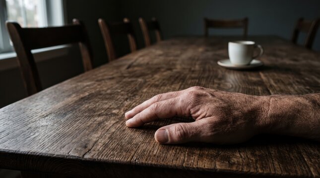 An elderly person resting their hand on a dark wooden dining table inside a quiet room near a window with furniture interior loneliness solitude wrinkles afternoon dwelling lifestyle patience
