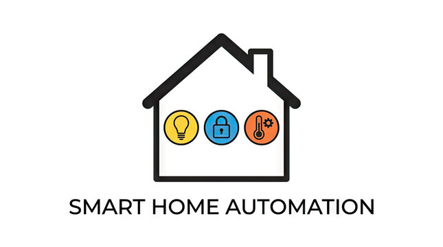 Smart home automation system logo with house icon.