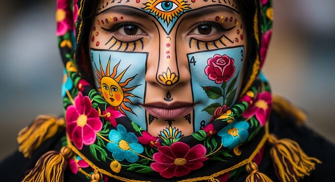 Colorful traditional tribal mask art closeup.
