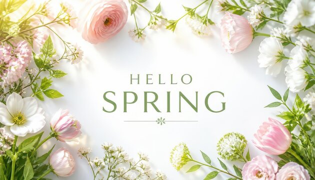 Pastel floral frame bordering elegant seasonal greeting text against bright white background for springtime celebrations with displays delicate arrangement