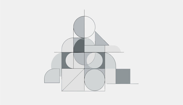 Abstract geometric art piece made of overlapping gray scale circles, triangles, rectangles, and fine black lines.