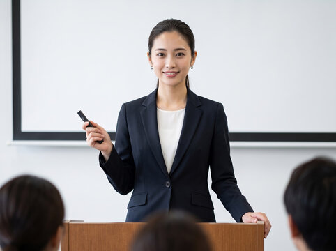 聴衆へ提案を投げかける壇上のビジネスウェア姿の女性