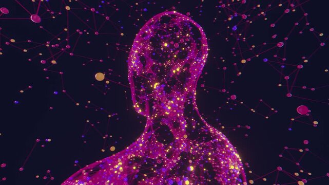 Seamless loop of abstract human head formed by glowing plexus network. Digital futuristic artificial intelligence model made of connected molecular nodes and neural lattice particle science background