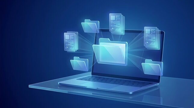 Digital laptop displaying glowing blue holographic folder and document file icons