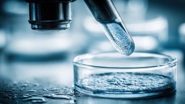 Detailed examination of a microfluidic chip in a laboratory setting, showcasing liquid manipulation for scientific research.