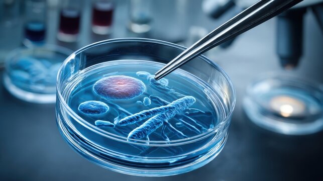 Detailed examination of a microfluidic chip holding biological samples for laboratory research.