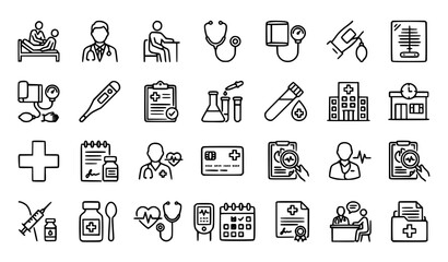 Fototapeta premium Health checkup medical line icon set with healthcare diagnosis hospital and insurance symbols