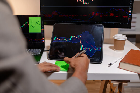 Professional stock trader reviewing market charts with sticky notes across multiple monitors, laptop, and tablet to analyze price trends, plan trading strategies, and manage investment decisions.