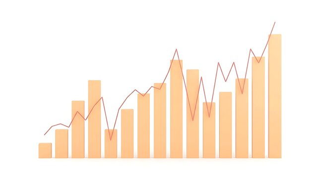 Pastel orange bar chart showing upward growth with red line