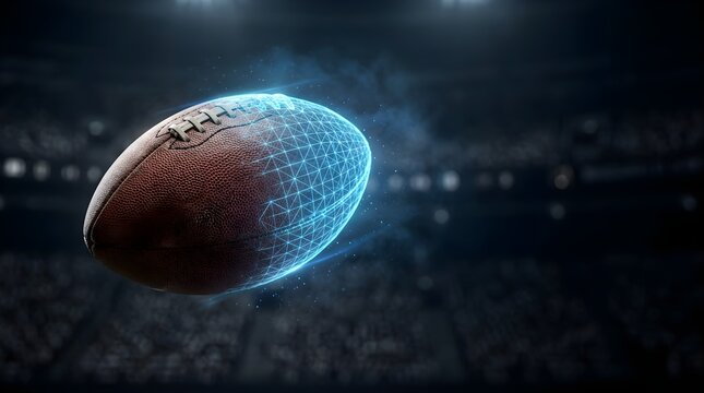 Digital American football floating in a glowing stadium at night