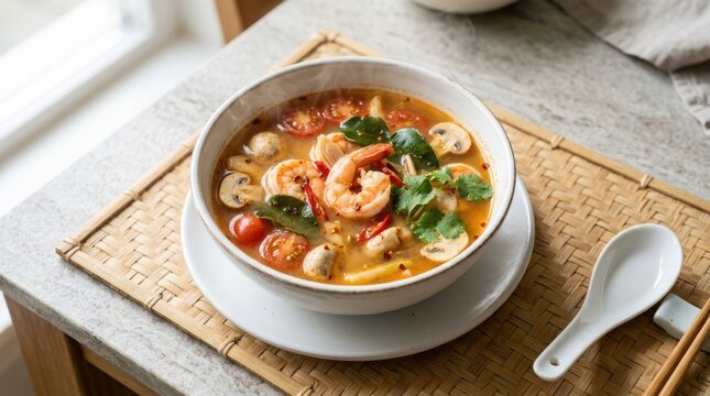 Authentic thai tom yum goong spicy shrimp soup in a bowl