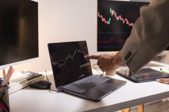 Professional trader analyzing stock market charts on laptop, tablet, and monitor while reviewing candlestick patterns, technical indicators, and market trends to support informed investment decisions.