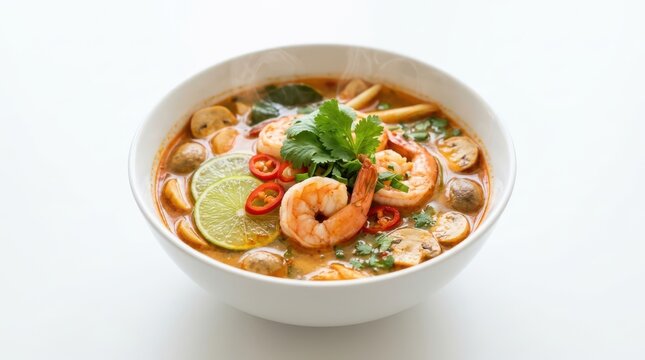 Tom yum goong soup with shrimp, mushrooms, lime, and chili isolated on white background