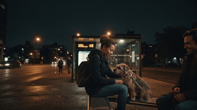 Under the city lights, a woman sits on a bench at a bus stop, connecting with her friendly dog while a man nearby smiles. The scene is cozy, filled with warmth despite the cool night.