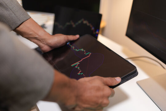 Professional financial analyst reviewing stock market charts across multiple screens using a tablet, laptop and calculator to evaluate price movements, technical indicators, and investment strategies.