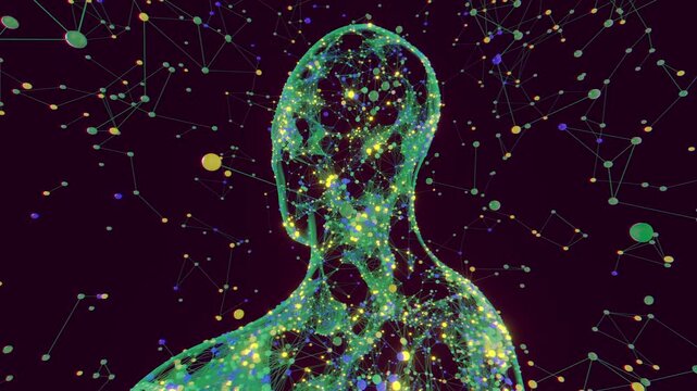 Seamless loop of abstract human head formed by glowing plexus network. Digital futuristic artificial intelligence model made of connected molecular nodes and neural lattice particle science background