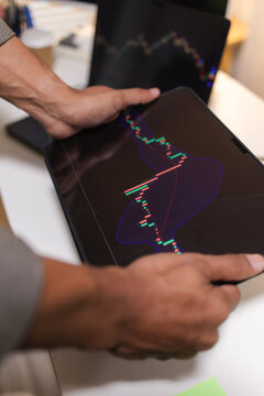 Professional financial analyst reviewing stock market charts across multiple screens using a tablet, laptop and calculator to evaluate price movements, technical indicators, and investment strategies.