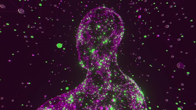 Seamless loop of abstract human head formed by glowing plexus network. Digital futuristic artificial intelligence model made of connected molecular nodes and neural lattice particle science background