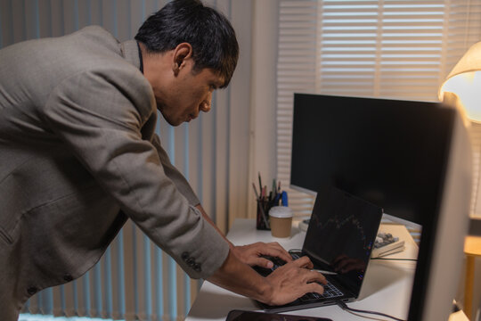 Professional financial analyst reviewing stock market charts across multiple screens using a tablet, laptop and calculator to evaluate price movements, technical indicators, and investment strategies.
