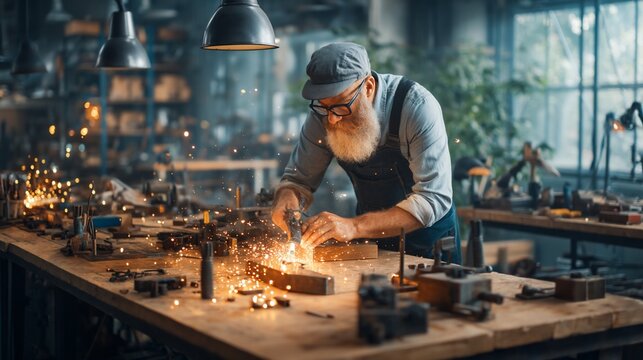 Elderly man welds metal at workshop, sparks flying. Lots of tools on the workbench. Industrial setting