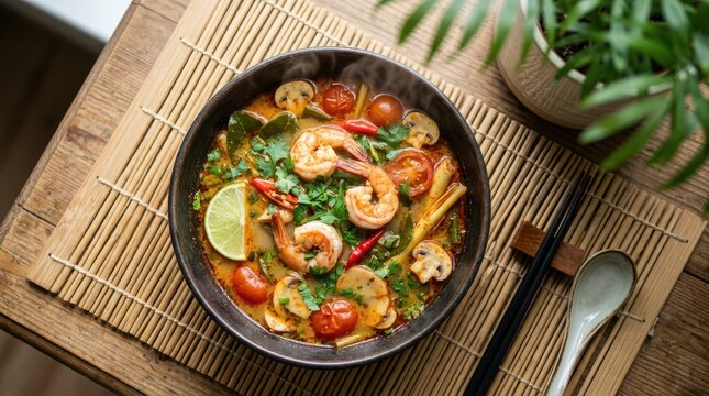 Top view of a bowl of steaming tom yum soup with shrimp, mushrooms, tomatoes, and lime on a bamboo mat with chopsticks