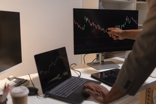 Professional financial analyst reviewing stock market charts across multiple screens using a tablet, laptop and calculator to evaluate price movements, technical indicators, and investment strategies.