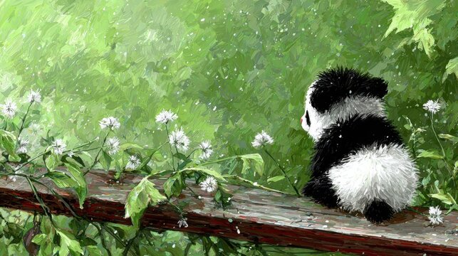 Cute baby panda cub sitting on a wooden fence looking at white flowers in impasto painting style