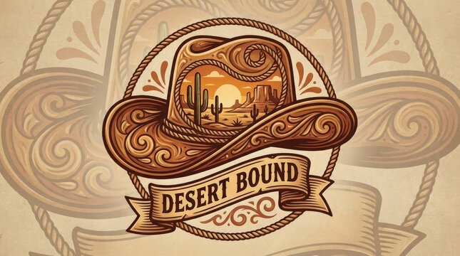 Western cowboy hat desert scene emblem with text.